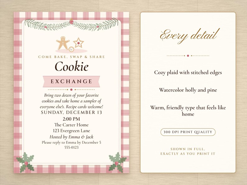 Christmas Cookie Exchange Invitation Printable, Cozy Plaid Cottage, Holiday Cookie Swap Party Invite 5x7 image 2