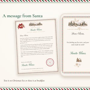 Phone message from Santa on a phone screen next to the printed letter, to text on Christmas Eve or show at breakfast