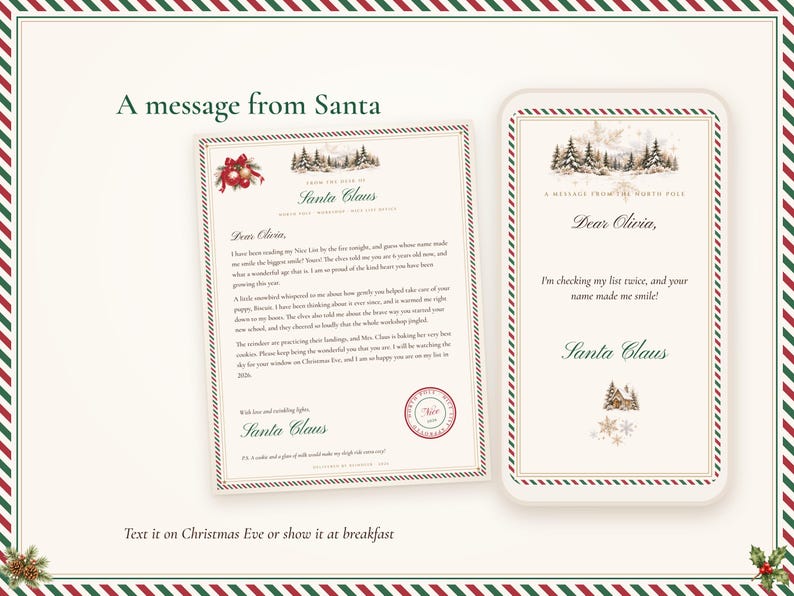 Phone message from Santa on a phone screen next to the printed letter, to text on Christmas Eve or show at breakfast