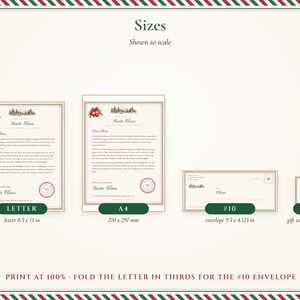 Size guide shown to scale: US Letter and A4 letter, #10 North Pole envelope and a 2.5 x 3.5 inch gift tag