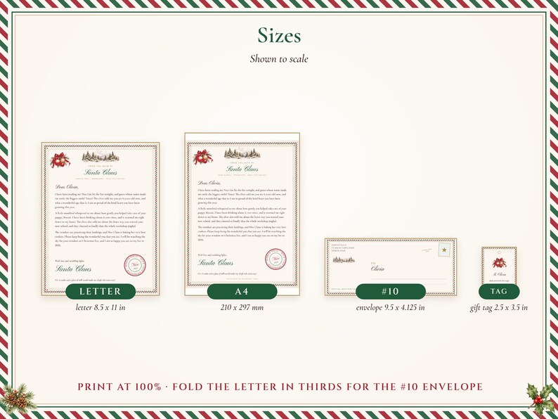 Size guide shown to scale: US Letter and A4 letter, #10 North Pole envelope and a 2.5 x 3.5 inch gift tag