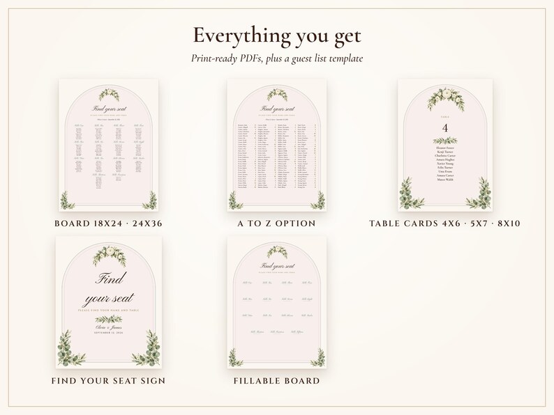 Wedding Seating Chart Template, Guest Names Typeset for You, Sage Garden Watercolor Find Your Seat Cards and Sign, 18x24 24x36 image 3