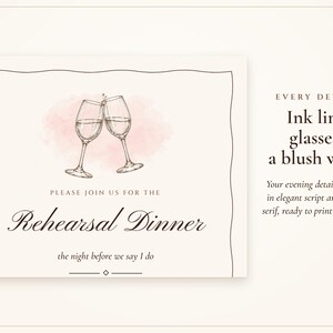 Rehearsal Dinner Invite, Ink Line Wine Glass Night Before Wedding Invitation, Phone and 5x7 Printable, Done for You image 2
