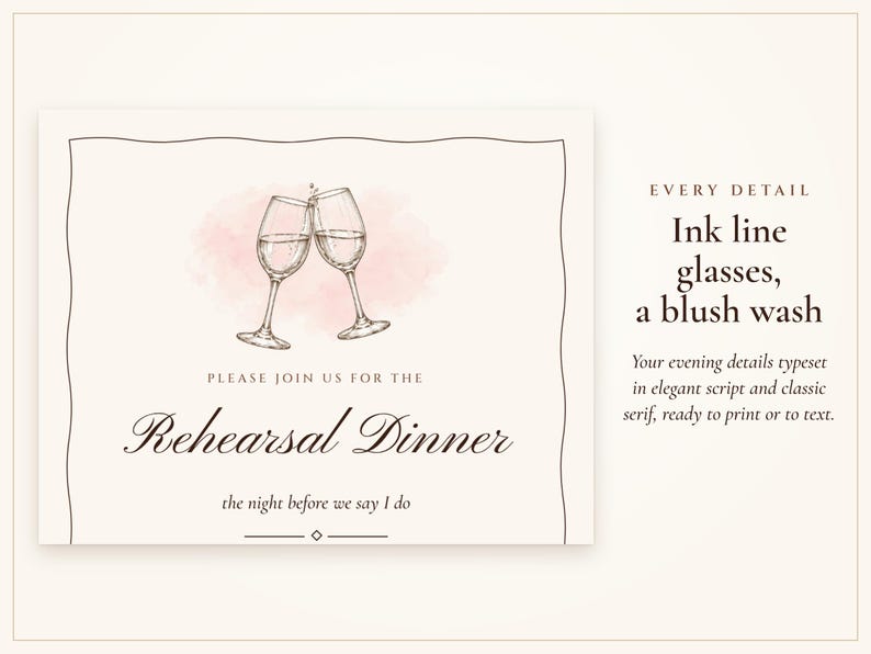 Rehearsal Dinner Invite, Ink Line Wine Glass Night Before Wedding Invitation, Phone and 5x7 Printable, Done for You image 2