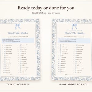 Would She Rather Bridal Shower Game, Something Blue Toile Printable, Bride's Name Added, 5x7 and Letter, Wedding Shower Game image 4