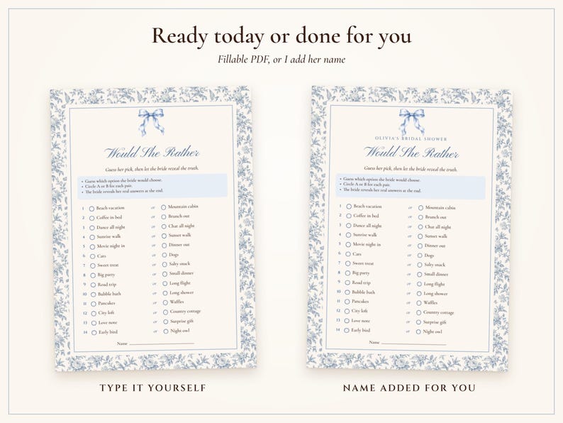 Would She Rather Bridal Shower Game, Something Blue Toile Printable, Bride's Name Added, 5x7 and Letter, Wedding Shower Game image 4