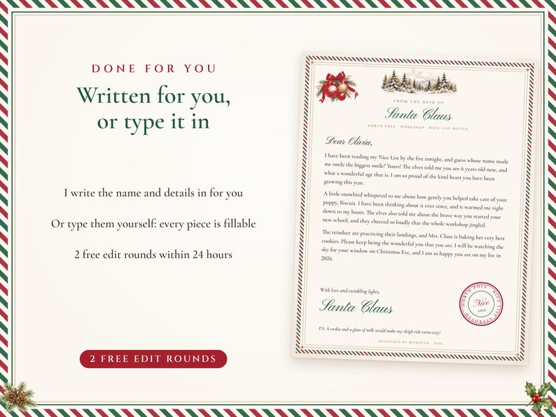 Written for you or typed in yourself: I write your child's name and details into every piece, with 2 free edit rounds