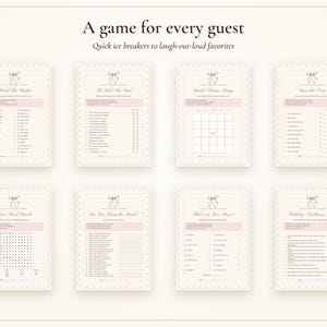 Paquete de juegos para despedida de soltera, 20 juegos imprimibles minimalistas con lazo rosa, actividad moderna para despedida de soltera, nombre de la novia añadido. imagen 4