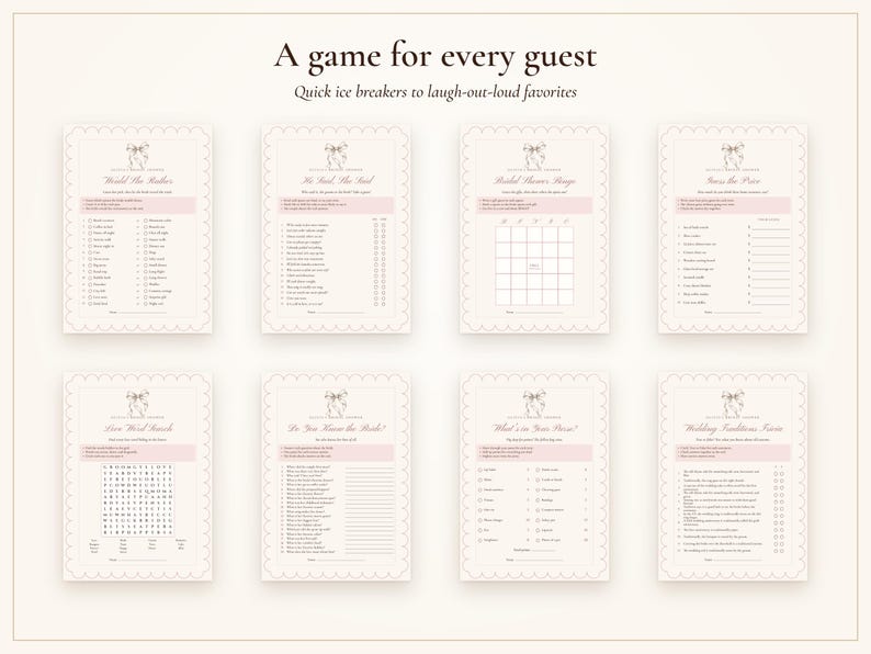Paquete de juegos para despedida de soltera, 20 juegos imprimibles minimalistas con lazo rosa, actividad moderna para despedida de soltera, nombre de la novia añadido. imagen 4