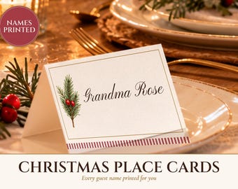 Christmas Place Cards with Names Printed, Holiday Table Name Cards, Flat and Tent Fold, Food Labels, Printable Dinner Decor