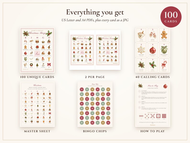 Christmas Bingo Printable, 100 Bingo Cards with Calling Cards, Family and Kids Christmas Party Game, Classroom Holiday Activity image 3