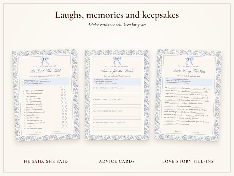 Bridal Shower Games Bundle, 20 Printable Games, Something Blue Toile, Bride's Name Added for You, Would She Rather and Bingo image 8