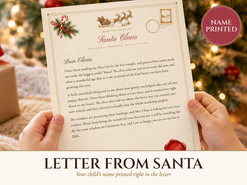 Personalized Letter from Santa, Nice List Certificate and North Pole Envelope, Santa Letter Set Printed with Your Child's Name image 1