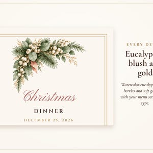 Plantilla de menú navideño con tarjetas de mesa, menú de cena navideña en tonos rosa y dorado, nombres impresos, elegante juego de mesa. imagen 2