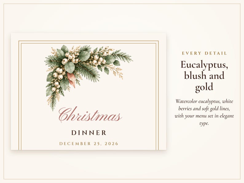 Plantilla de menú navideño con tarjetas de mesa, menú de cena navideña en tonos rosa y dorado, nombres impresos, elegante juego de mesa. imagen 2