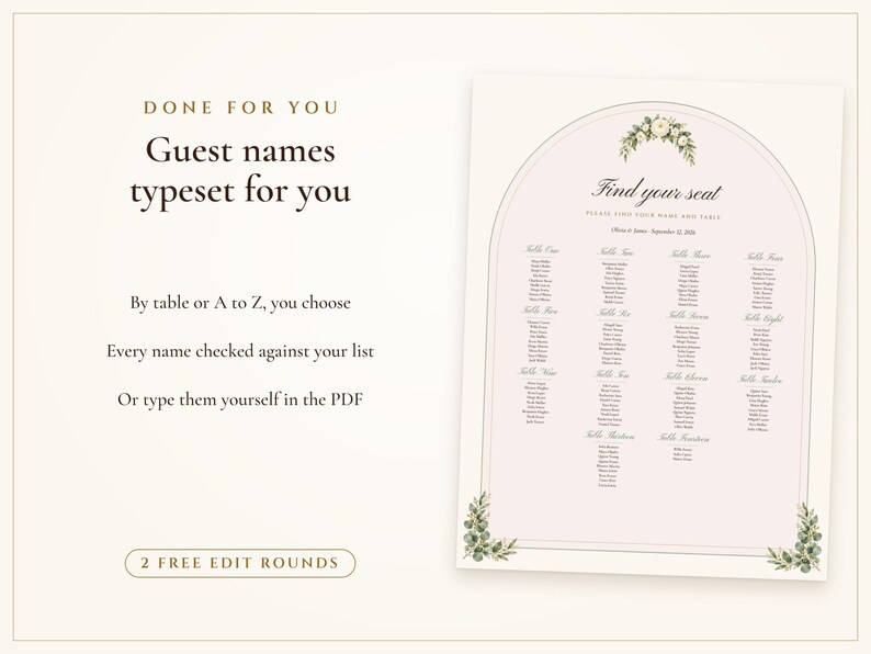 Wedding Seating Chart Template, Guest Names Typeset for You, Sage Garden Watercolor Find Your Seat Cards and Sign, 18x24 24x36 image 7