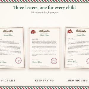 The 3 letter versions side by side: Nice List, Keep Trying and New Big Sibling, each with a red and green striped border