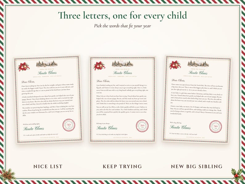 The 3 letter versions side by side: Nice List, Keep Trying and New Big Sibling, each with a red and green striped border