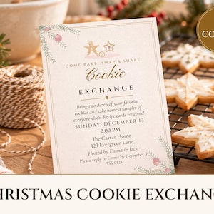 Christmas Cookie Exchange Invitation Printable, Elegant Ivory & Gold, Holiday Cookie Swap Party Invite 5x7 image 1
