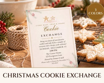 Christmas Cookie Exchange Invitation Printable, Elegant Ivory & Gold, Holiday Cookie Swap Party Invite 5x7