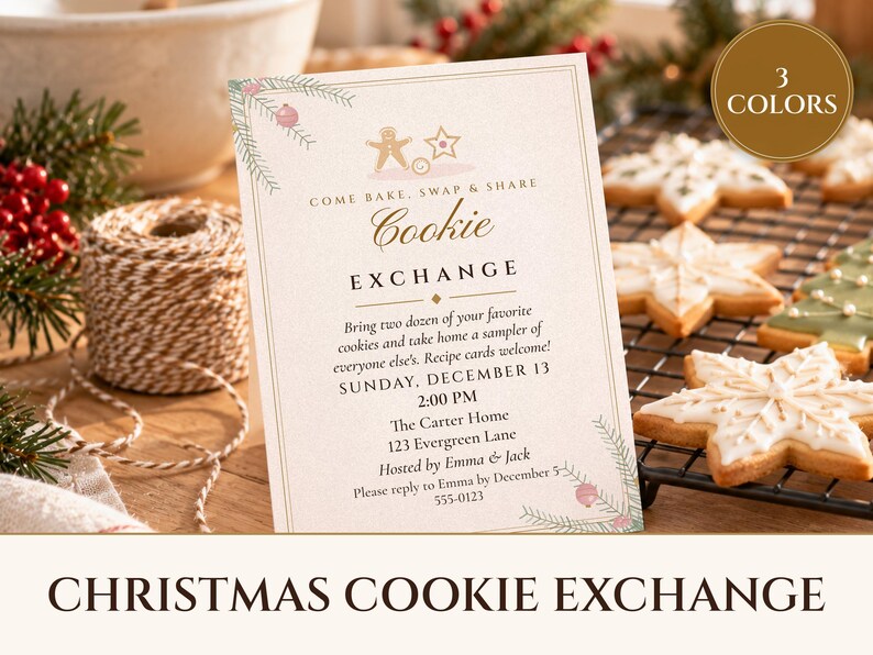 Christmas Cookie Exchange Invitation Printable, Elegant Ivory & Gold, Holiday Cookie Swap Party Invite 5x7 image 1