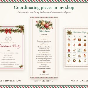 Coordinating pieces in my shop in the same Christmas red and green: a party invitation, a dinner menu and a party games bundle