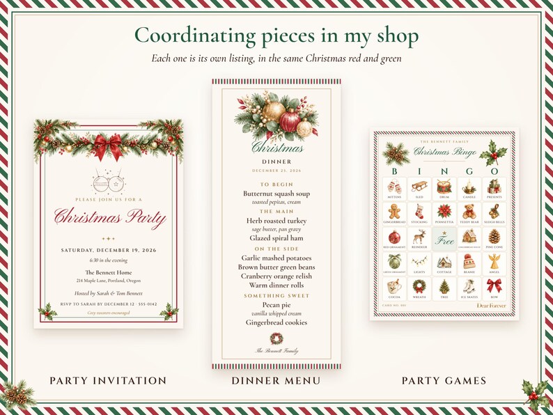 Coordinating pieces in my shop in the same Christmas red and green: a party invitation, a dinner menu and a party games bundle
