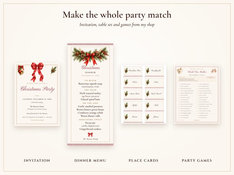 Invitación para fiesta de Navidad, invitación para fiesta navideña con lazo rojo, invitación imprimible y por mensaje de texto, lista para usar, editable 5x7 imagen 8