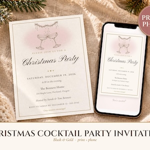Christmas Cocktail Party Invitation, Blush and Gold Holiday Party Invite, Ink Line Coupe, Printable and Phone Invite 5x7 image 1