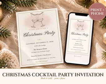 Christmas Cocktail Party Invitation, Blush and Gold Holiday Party Invite, Ink Line Coupe, Printable and Phone Invite 5x7