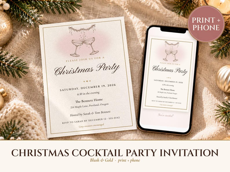 Christmas Cocktail Party Invitation, Blush and Gold Holiday Party Invite, Ink Line Coupe, Printable and Phone Invite 5x7 image 1