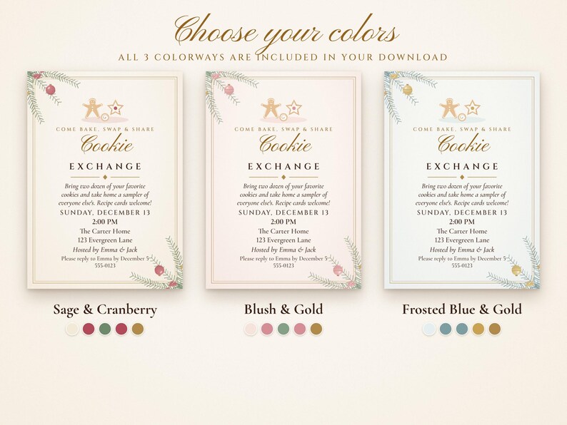 Christmas Cookie Exchange Invitation Printable, Elegant Ivory & Gold, Holiday Cookie Swap Party Invite 5x7 image 4