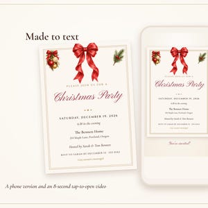 Invitación para fiesta de Navidad, invitación para fiesta navideña con lazo rojo, invitación imprimible y por mensaje de texto, lista para usar, editable 5x7 imagen 5