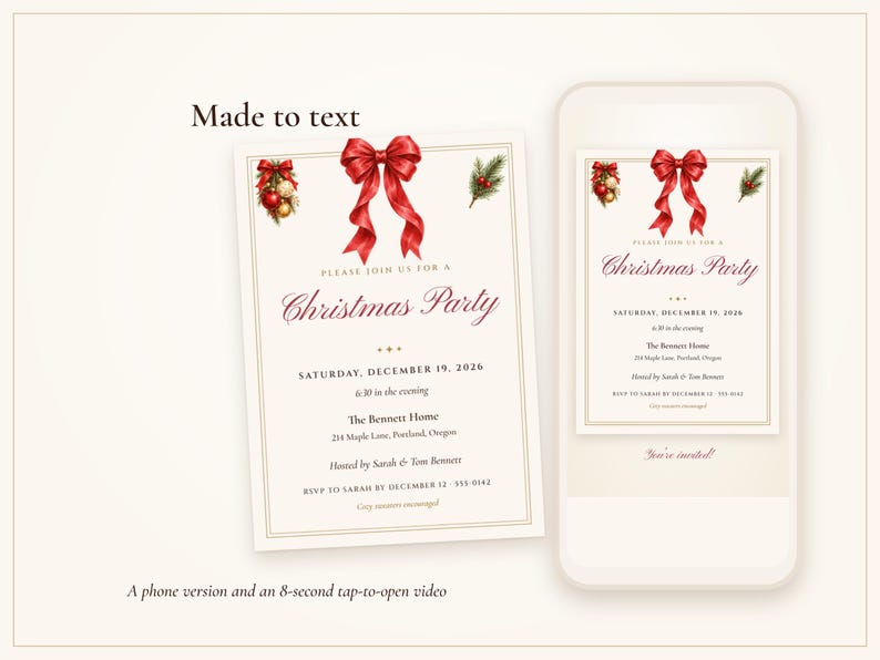 Invitación para fiesta de Navidad, invitación para fiesta navideña con lazo rojo, invitación imprimible y por mensaje de texto, lista para usar, editable 5x7 imagen 5
