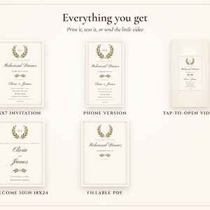 Everything included: fillable 5x7 Old Money Ivory invitation with and without bleed, A5, finished PDF and JPG, phone invitation, video and welcome sign 18x24