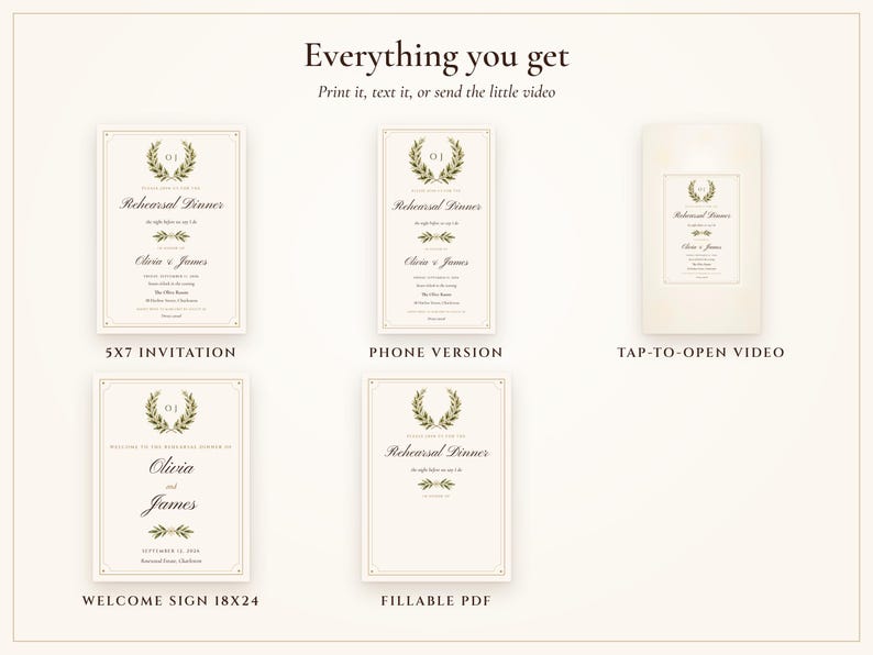 Everything included: fillable 5x7 Old Money Ivory invitation with and without bleed, A5, finished PDF and JPG, phone invitation, video and welcome sign 18x24