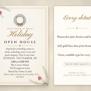 Invitación imprimible para jornada de puertas abiertas navideña, elegante color marfil y dorado, invitación navideña para jornada de puertas abiertas de 5x7 pulgadas, fiesta sin cita previa. imagen 2