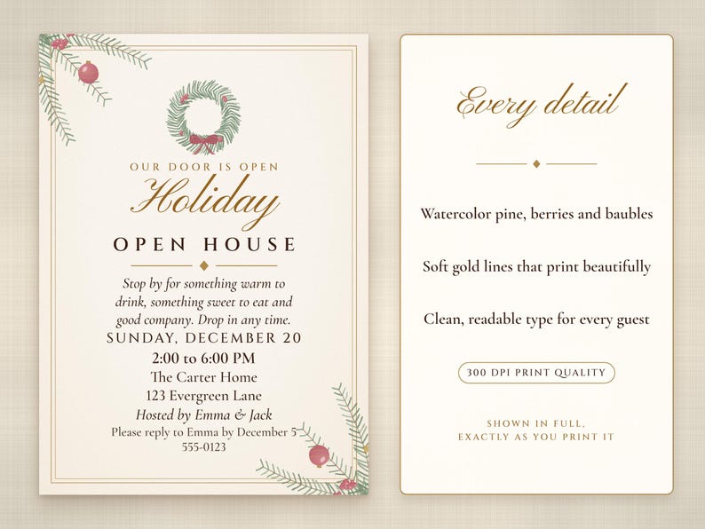 Invitación imprimible para jornada de puertas abiertas navideña, elegante color marfil y dorado, invitación navideña para jornada de puertas abiertas de 5x7 pulgadas, fiesta sin cita previa. imagen 2