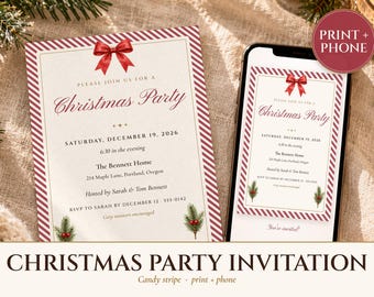Christmas Party Invitation, Candy Stripe Holiday Party Invite, Vintage Christmas Dinner Invite, Printable and Phone, 5x7