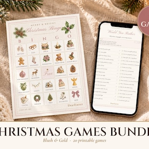Julfestspelpaket, 20 utskrivbara spel, Blush and Gold-helgbingo, frågesport och skattjakt för vuxna och barn bild 1