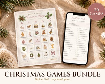 Christmas Party Games Bundle, 20 Printable Games, Blush and Gold Holiday Bingo, Trivia and Scavenger Hunt for Adults and Kids