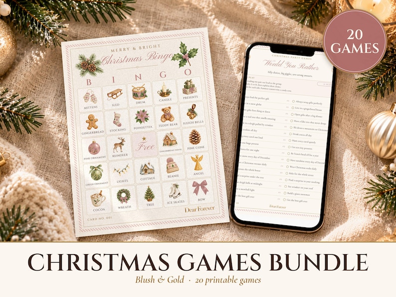Julfestspelpaket, 20 utskrivbara spel, Blush and Gold-helgbingo, frågesport och skattjakt för vuxna och barn bild 1