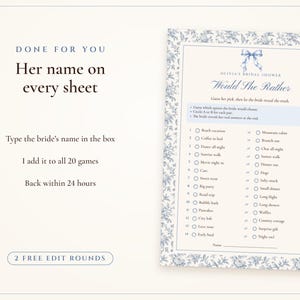 Bridal Shower Games Bundle, 20 Printable Games, Something Blue Toile, Bride's Name Added for You, Would She Rather and Bingo image 7