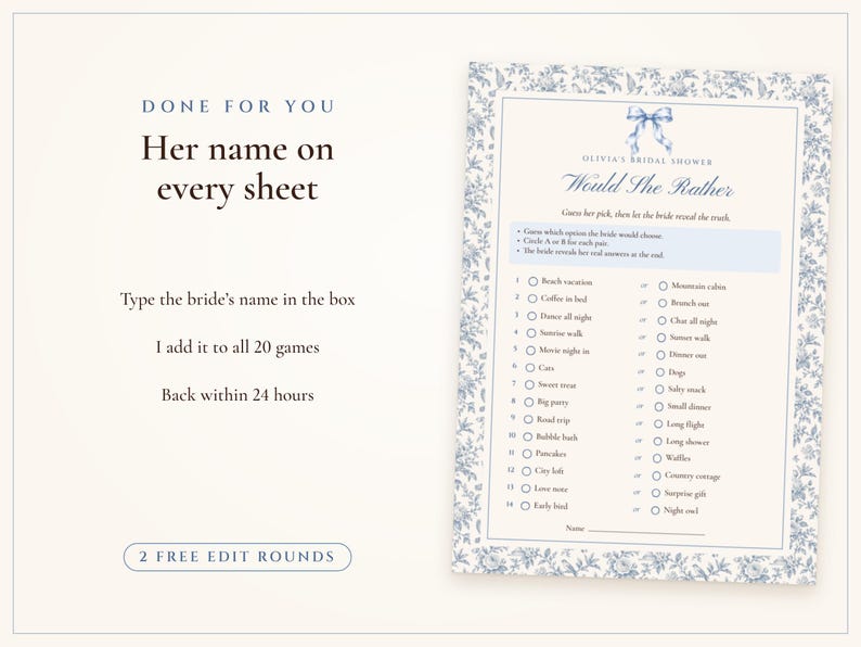 Bridal Shower Games Bundle, 20 Printable Games, Something Blue Toile, Bride's Name Added for You, Would She Rather and Bingo image 7