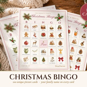 Christmas Bingo Printable, 100 Bingo Cards with Calling Cards, Family and Kids Christmas Party Game, Classroom Holiday Activity image 1