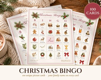 Christmas Bingo Printable, 100 Bingo Cards with Calling Cards, Family and Kids Christmas Party Game, Classroom Holiday Activity