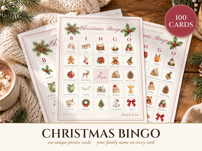 Christmas Bingo Printable, 100 Bingo Cards with Calling Cards, Family and Kids Christmas Party Game, Classroom Holiday Activity image 1