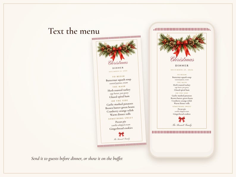 Christmas Dinner Menu and Place Cards Set, Guest Names Printed for You, Holiday Table Menu 4x9, Editable PDF Printable image 5