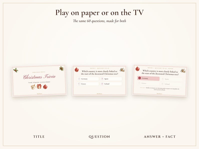 Gioco a quiz di Natale, versione stampabile e per la TV, 60 domande con risposte, gioco per feste natalizie per ufficio, famiglia e adulti. immagine 4