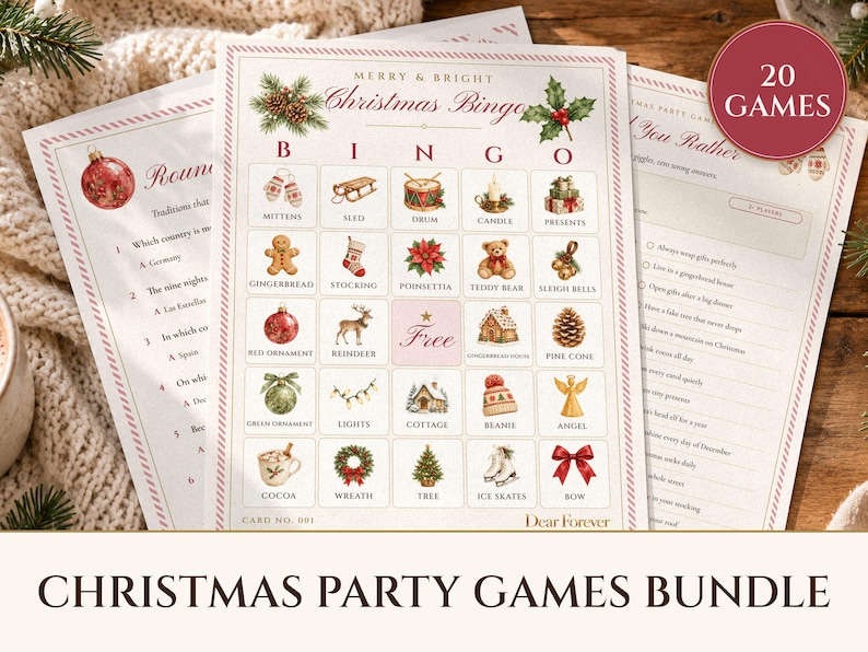Pack de jeux pour fêtes de Noël : 20 jeux à imprimer (bingo, quiz, chasse au trésor), jeux de vacances pour adultes, enfants et bureau. image 1